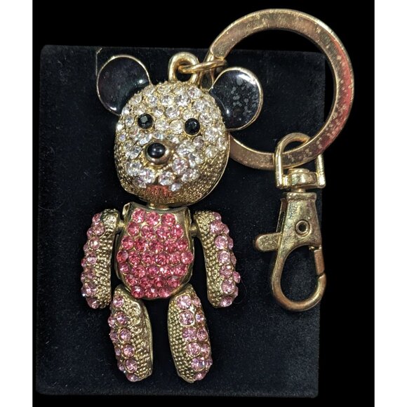 Vintage Glam Pink And Gold Tone Rhinestone Articulated Bear Keychain